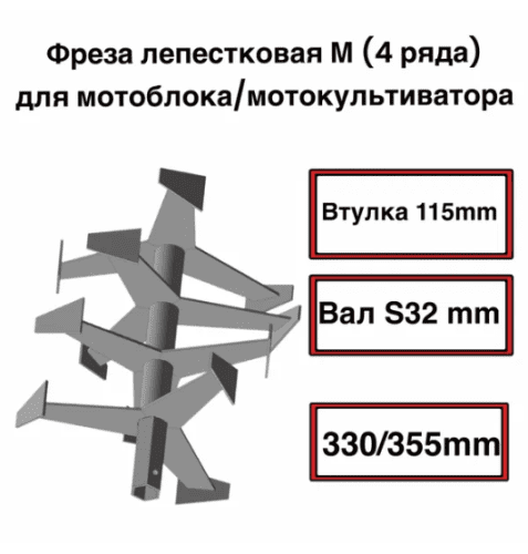 Фреза лепестковая вал S32мм. 330/355 мм.(4 ряда) втулка 115 мм. НЦ