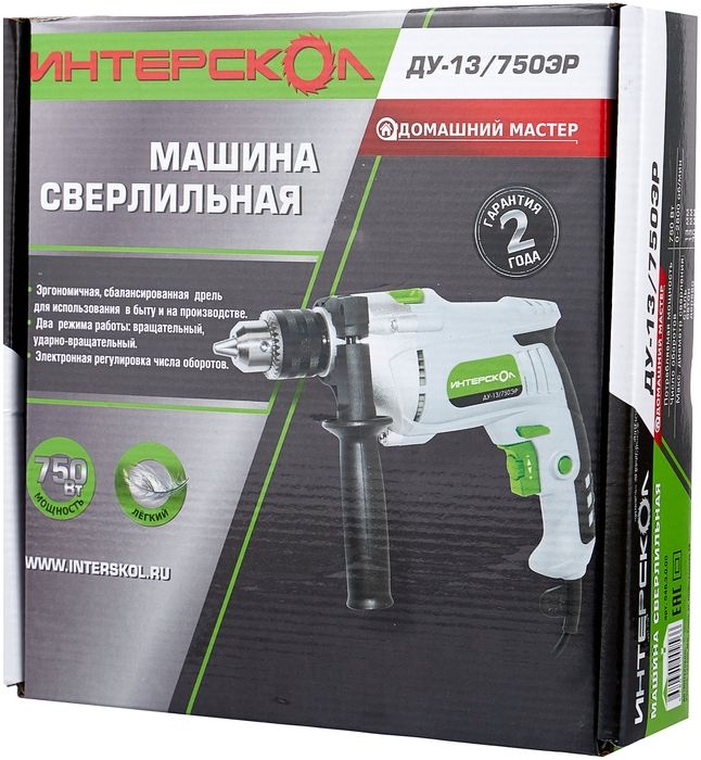 Дрель ударная Интерскол ДУ-13/750ЭР, (750Вт, ЗВП13мм, 0-2800об/мин, реверс) ДМ