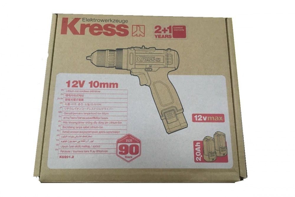 Дрель-шуруповерт акк. KRESS KU201.2, (Li-Ion, 12В, 2акк, 2.0Ач, ЗУ, 28Нм, БЗП 10мм, 2скорости, время