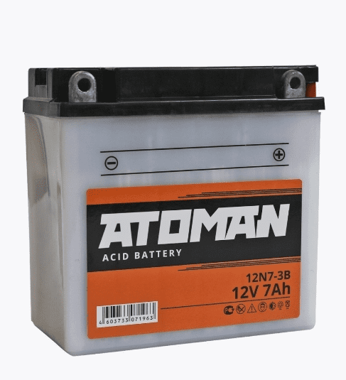 Аккумулятор ATOMAN 12V  7Aч (12N7-3B) о/п сухозаряженный 50A д*ш*в 13,2*7,3*13,3 см электролит в ком